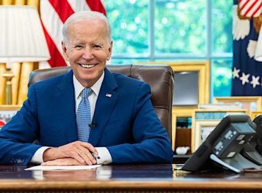 Joe Biden talks on the phone with Finland President Sauli Niinistö and Swedish Prime Minister Magdalena Andersson Tuesday, Aug. 9, 2022, in the Oval Office of the White House. (Official White House photo by Erin Scott)