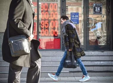 A currency exchange office in central Moscow on February 28, 2022 only four days after the war in Ukraine started. A study by Silverado has shown that Russia has handled sanctions imposed due to Vladimir Putin's invasion. ALEXANDER NEMENOV/GETTY