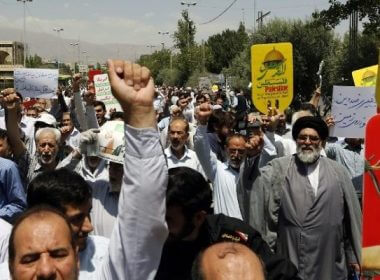Iranians carry signs and chant anti-Israel slogans at a demonstration after Friday prayers in the capital Tehran on July 28, 2017 against Israeli security measures implemented at the Temple Mount compound in the Old City of Jerusalem. (AFP/Stringer)