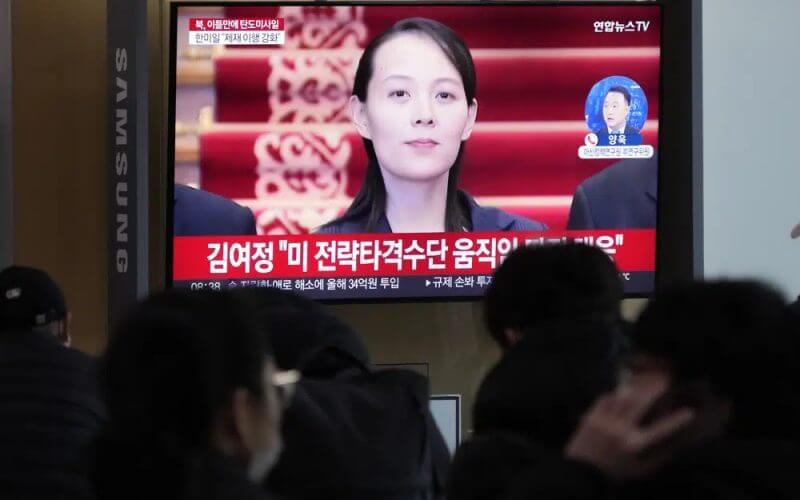 A TV screen shows a file image of Kim Yo Jong, the powerful sister of North Korean leader Kim Jong Un, during a news program at the Seoul Railway Station in Seoul, South Korea, Monday, Feb. 20, 2023. AP