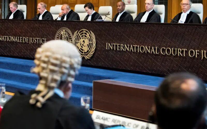 Members of the International Court of Justice attend a hearing for alleged violations of the 1955 Treaty of Amity between Iran and the U.S., at the International Court in The Hague, Netherlands August 27, 2018. (photo credit: REUTERS/PIROSCHKA VAN DE WOUW)