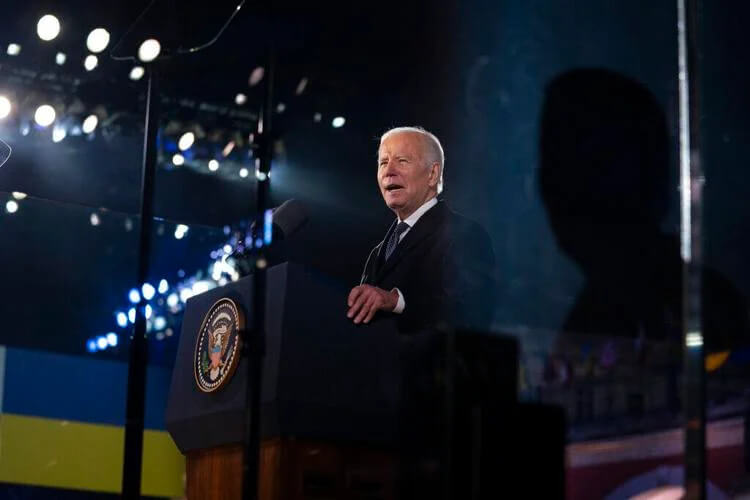 President Joe Biden delivers a speech marking the one-year anniversary of the Russian invasion of Ukraine, at the Royal Castle Gardens, Tuesday, Feb. 21, 2023, in Warsaw. (AP Photo/ Evan Vucci)
