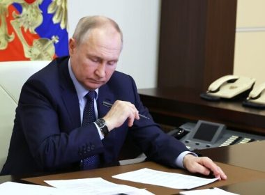 Russian President Vladimir Putin attends a cabinet meeting via videoconference at the Novo-Ogaryovo state residence, outside Moscow, Russia, Wednesday, February 1, 2023. (Mikhail Klimentyev, Sputnik, Kremlin Pool Photo via AP)