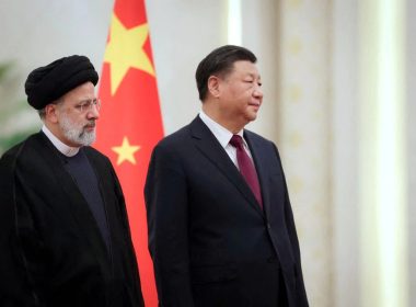 Iranian President Ebrahim Raisi stands next to Chinese President Xi Jinping during a welcoming ceremony in Beijing, China, February 14, 2023. Iran's President Website/WANA (West Asia News Agency)/Handout via REUTERS