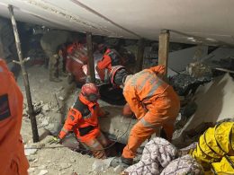 Rescue teams search for victims in the rubble on the second day following an earthquake in Kahramanmaras, Turkey on Tuesday. Photo by Turk Jandarma/UPI