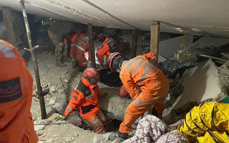 Rescue teams search for victims in the rubble on the second day following an earthquake in Kahramanmaras, Turkey on Tuesday. Photo by Turk Jandarma/UPI