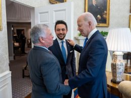 US President Joe Biden (R) greets Jordan's King Abdullah (L) and Prince Hussein at the Oval Office on February 2, 2023. (White House)