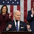President Joe Biden delivers the State of the Union address to a joint session of Congress at the U.S. Capitol on Tuesday as Vice President Kamala Harris and House Speaker Kevin McCarthy applaud. Photo by Jacquelyn Martin/UPI