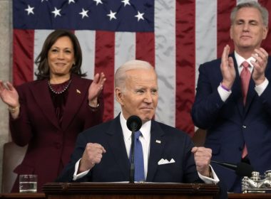 President Joe Biden delivers the State of the Union address to a joint session of Congress at the U.S. Capitol on Tuesday as Vice President Kamala Harris and House Speaker Kevin McCarthy applaud. Photo by Jacquelyn Martin/UPI