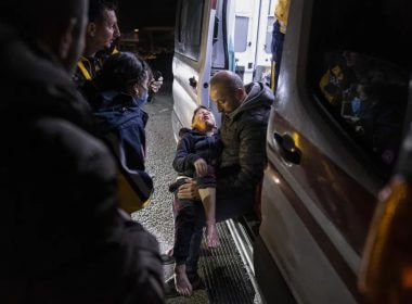 A boy is taken to an ambulance after being injured in the latest earthquake in Hatay, Turkey, Monday, Feb. 20, 2023. AP