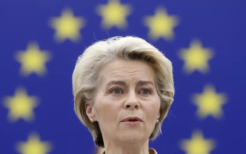 European Commission President Ursula von der Leyen speaks during a session on one year after Russia's invasion of Ukraine, Wednesday, Feb. 15, 2023 at the European Parliament in Strasbourg, eastern France. (AP Photo/Jean-Francois Badias)