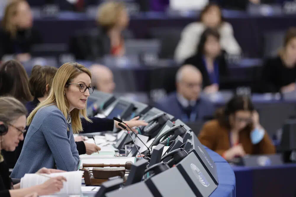 European Parliament's President Roberta Metsola chairs the vote for vice-president of parliament, Wednesday, Jan. 18, 2023 in Strasbourg, eastern France. AP