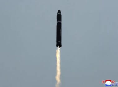 This photo provided by the North Korean government, shows what it says a test launch of a Hwasong-15 intercontinental ballistic missile at Pyongyang International Airport in Pyongyang, North Korea Saturday, Feb. 18, 2023. AP