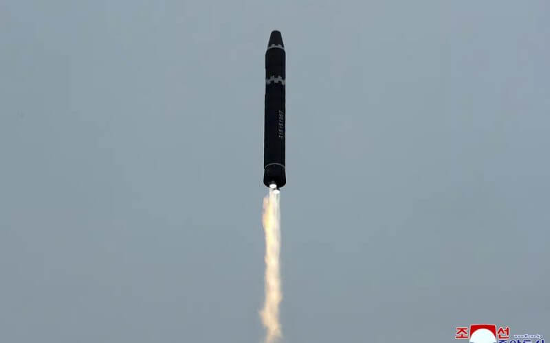 This photo provided by the North Korean government, shows what it says a test launch of a Hwasong-15 intercontinental ballistic missile at Pyongyang International Airport in Pyongyang, North Korea Saturday, Feb. 18, 2023. AP