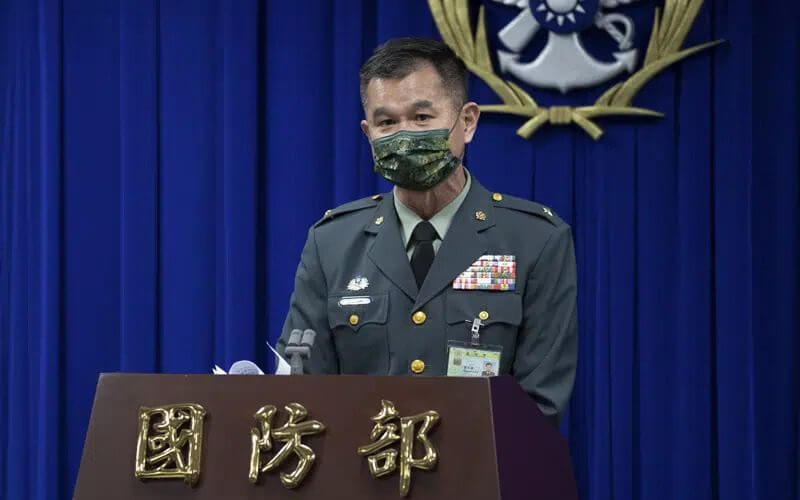 Major general Huang Wen-chi, the assistant deputy chief of general staff for intelligence speaks during a press conference in Taipei, Taiwan, Tuesday, Feb. 14, 2023. (Taiwan Ministry of National Defense via AP)