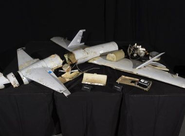 Components from an Iranian drone on display at Joint Base Anacostia-Bolling in Washington in 2018. The U.S. levied sanctions March 9, 2023, against five companies based in China that are accused of providing components to an Iranian drone producer supplying Russia. (EJ Hersom/Defense Department)