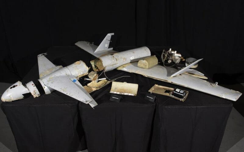 Components from an Iranian drone on display at Joint Base Anacostia-Bolling in Washington in 2018. The U.S. levied sanctions March 9, 2023, against five companies based in China that are accused of providing components to an Iranian drone producer supplying Russia. (EJ Hersom/Defense Department)