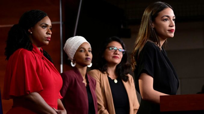 US Representatives Ayanna Pressley, Ilhan Omar, Rashida Tlaib and Alexandria Ocasio-Cortez hold a news conference on Capitol Hill in Washington D.C. on July 15, 2019. [Erin Scott, REUTERS]
