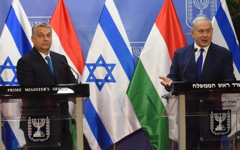 Hungarian Prime Minister Viktor Orban (L) and Israeli Prime Minister Benjamin Netanyahu make joint statements at the Prime Minister's Office in Jerusalem. AFP