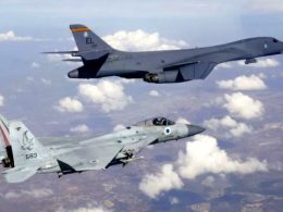 An Israel Air Force F-15 fighter jet escorts an American B-1b heavy bomber through Israeli airspace, on October 30, 2021. Photo: IDF Spokesperson’s Unit