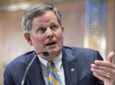 Sen. Steve Daines (R-Mont.) questions U.S. Federal Reserve Chair Jerome Powell as he testifies at a Senate Banking, Housing, and Urban Affairs Committee hearing on Capitol Hill in Washington on March 3, 2022. (Tom Williams-Pool/Getty Images)