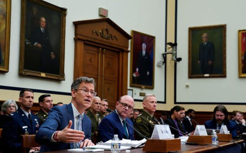 Colin Kahl, Under Secretary of Defense for Policy, testifies as Department of Defense Inspector General Robert Storch and Director for Operations of the Joint Chiefs of Staff U.S. Army Lt. Gen. Douglas A. Sims II listens, during a House Armed Services Committee hearing on oversight of U.S. military support to Ukraine, on Capitol Hill in Washington, U.S., February 28, 2023. REUTERS