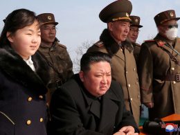 North Korean leader Kim Jong Un and his daughter Kim Ju Ae watch a missile drill at an undisclosed location in this image released by North Korea's Central News Agency (KCNA) on March 20, 2023. KCNA via REUTERS