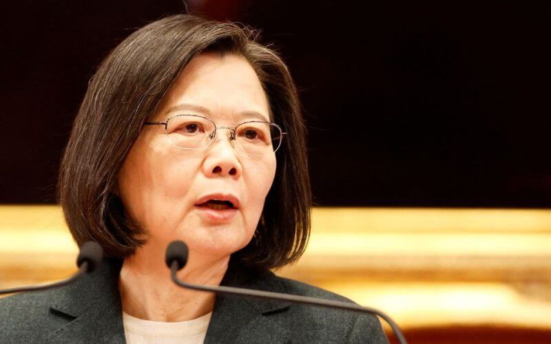 Taiwan President Tsai Ing-wen speaks during a news conference with the incoming Taiwan Premier Chen Chien-jen and outgoing Taiwan Premier Su Tseng-chang at the presidential office in Taipei, Taiwan January 27, 2023. REUTERS