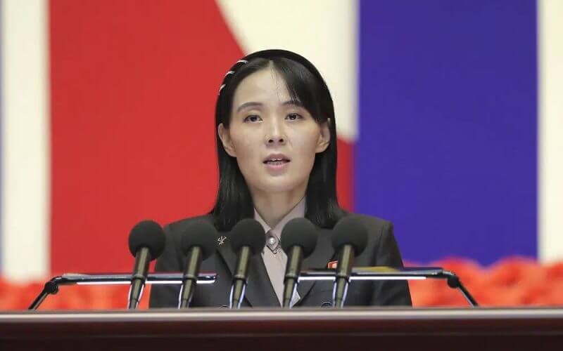 This photo provided by the North Korean government, Kim Yo Jong, sister of North Korean leader Kim Jong Un, delivers a speech during a national meeting against the coronavirus, in Pyongyang, North Korea, Aug. 10, 2022. AP