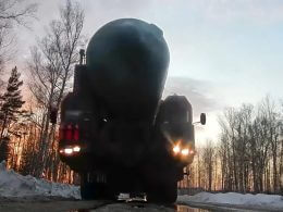 This photo made from video provided by the Russian Defense Ministry Press Service on Wednesday, March 29, 2023, shows a Yars missile launcher of the Russian armed forces being driven in an undisclosed location in Russia. (Russian Defense Ministry Press Service via AP)
