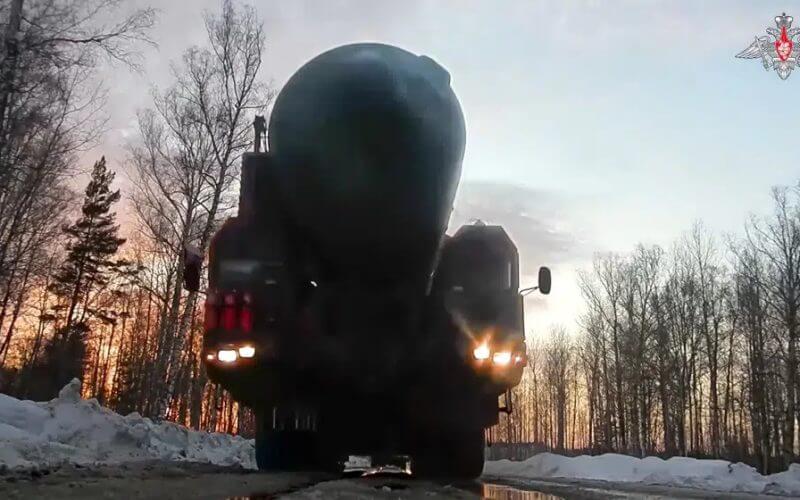 This photo made from video provided by the Russian Defense Ministry Press Service on Wednesday, March 29, 2023, shows a Yars missile launcher of the Russian armed forces being driven in an undisclosed location in Russia. (Russian Defense Ministry Press Service via AP)