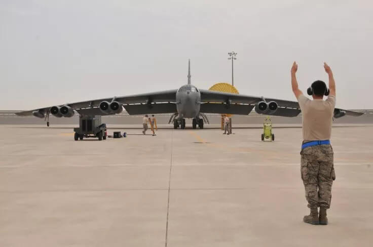 A US Air Force B-52 Stratofortress bomber pictured at Al-Udeid Air Base in Qatar. US AIR FORCE