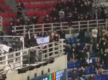 Fans of AEK Athens burn an Israeli flag at a match against Hapoel Jerusalem, in Athens, Greece, April 12, 2023. Twitter