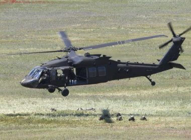 A U.S. Black Hawk helicopter takes off after deploying soldiers during the Swift Response 22 military exercise, May 12, 2022. (AP Photo/Boris Grdanoski, File)