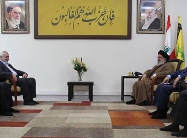 Hezbollah chief Hassan Nasrallah meets with Hamas leader Ismail Haniyeh and a delegation from the terror group in Beirut, Lebanon, April 9, 2023. Twitter