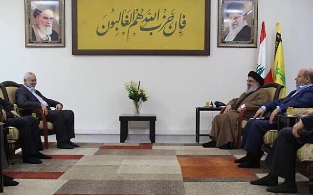Hezbollah chief Hassan Nasrallah meets with Hamas leader Ismail Haniyeh and a delegation from the terror group in Beirut, Lebanon, April 9, 2023. Twitter