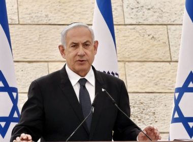 Israeli Prime Minister Benjamin Netanyahu gives a speech during the ceremony. Pool Photo by Marc Israel Sellem/UPI