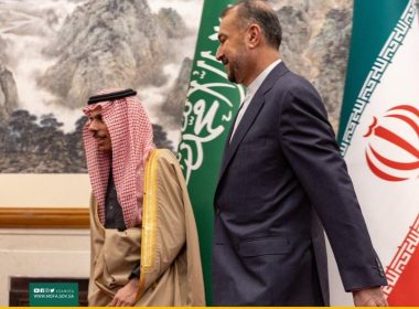 Iran’s Hossein Amir-Abdollahian (R) and Saudi Arabia’s Prince Faisal bin Farhan Al Saud met for a summit hosted by Beijing on Thursday, the first high-level meeting between the Middle East rivals in seven years. Photo courtesy of Saudi Ministry of Foreign Affairs