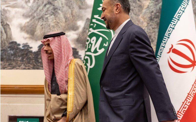Iran’s Hossein Amir-Abdollahian (R) and Saudi Arabia’s Prince Faisal bin Farhan Al Saud met for a summit hosted by Beijing on Thursday, the first high-level meeting between the Middle East rivals in seven years. Photo courtesy of Saudi Ministry of Foreign Affairs