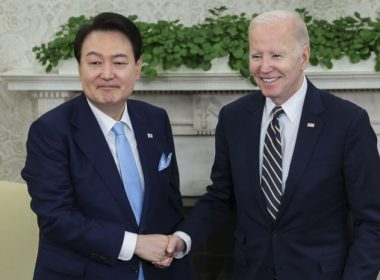 South Korean President Yoon Suk-yeol (L) and President Joe Biden shake hands inside the Oval Office during Yoon's official state visit in Washington on April 26, 2023. Photo by Oliver Contreras/UPI