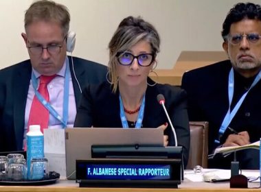 U.N. Special Rapporteur Francesca Albanese addresses the U.N., October 2022. YouTube.com
