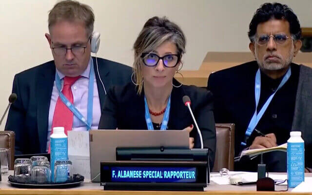 U.N. Special Rapporteur Francesca Albanese addresses the U.N., October 2022. YouTube.com