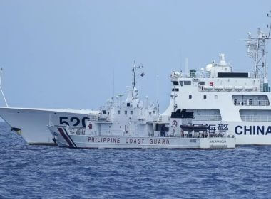 A Chinese Coast Guard ship with bow number 5201 blocks Philippine Coast Guard ship BRP Malapascua as it maneuvers to enter the mouth of the Second Thomas Shoal locally known as Ayungin Shoal at the South China Sea on Sunday, April 23, 2023. AP