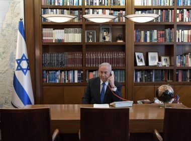Israeli Prime Minister Benjamin Netanyahu on the phone with U.S. President Donald Trump and UAE Sheikh Mohammed bin Zayed Al Nahyan on Aug. 13, 2020. Credit: Kobi Gideon/GPO.