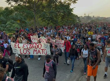 A caravan of migrants from Central and South America heading to the Mexico-US border in April, while protesting the death of 40 migrants in a fire at a detention center in the northern city of Juarez. STRINGER