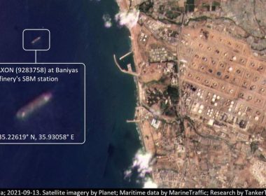 An image tweeted by oil shipment tracking service TankerTrackers.com which it said showed an Iranian tanker emptying fuel in Syria's Baniyas port. Twitter