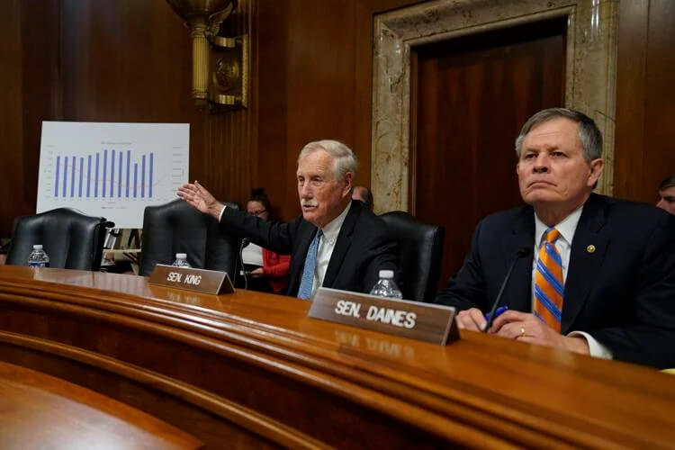 Senate Energy and Natural Resources Subcommittee on National Parks chairman Sen. Angus King, I-Maine, left, joined by ranking member Sen. Steve Daines, R-Mont., speaks during a hearing on Capitol Hill in Washington, Wednesday, May 10, 2023. AP Photo/Carolyn Kaster