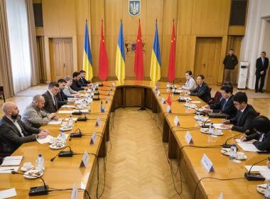 In this photo provided by the Ukrainian Foreign Ministry Press Office, Ukrainian Foreign Minister Dmytro Kuleba, center left, and Li Hui, Chinese envoy, center right, during their talks in Kyiv, Ukraine, Wednesday, May 17, 2023. (Ukrainian Foreign Ministry Press Office via AP)