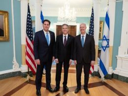 Strategic Affairs Minister Ron Dermer, US Secretary of State Antony Blinken and National Security Council chairman Tzachi Hanegbi at the State Department in Washington on March 7, 2023. Twitter