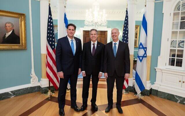 Strategic Affairs Minister Ron Dermer, US Secretary of State Antony Blinken and National Security Council chairman Tzachi Hanegbi at the State Department in Washington on March 7, 2023. Twitter